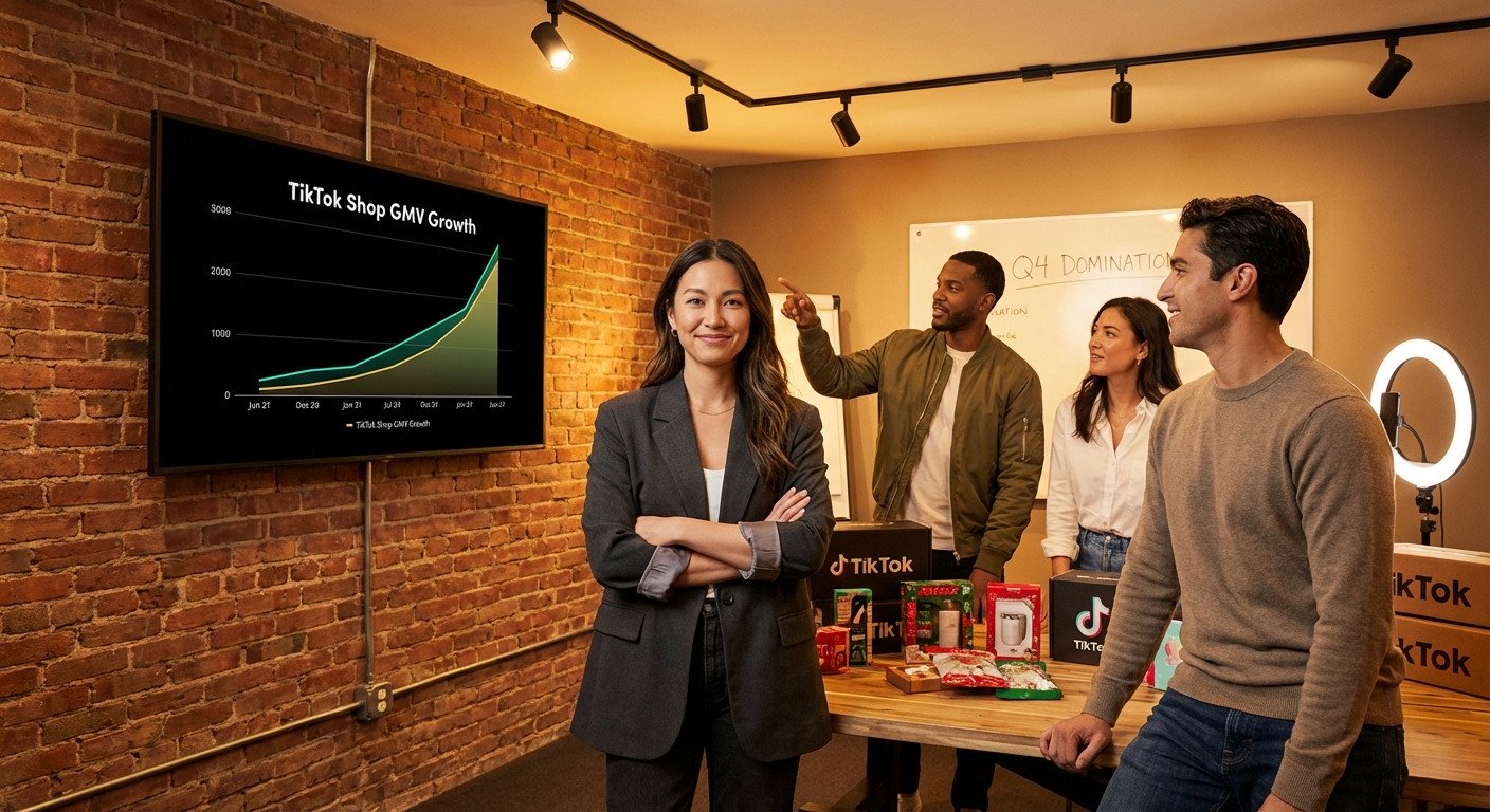 Brand marketing team confidently reviewing TikTok Shop Q4 growth dashboard in a strategy war room
