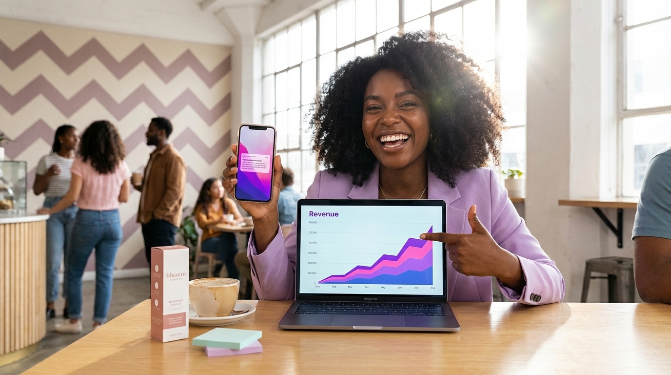 Confident TikTok Shop brand founder reviewing Q4 revenue projections at modern café workspace