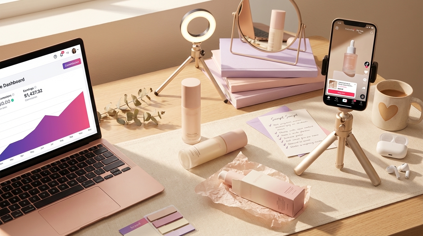 Flat lay of TikTok Shop creator production setup with products phone tripod and affiliate earnings dashboard