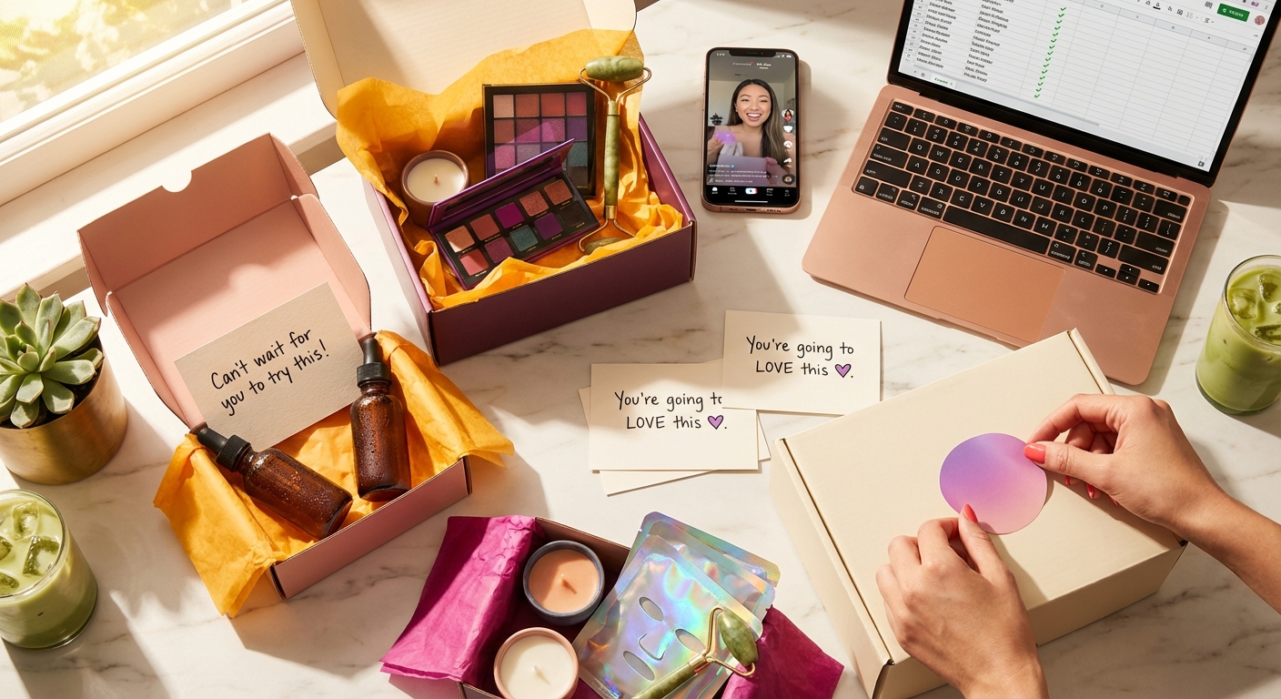 Flat lay of TikTok Shop product seeding packages with branded boxes and creator unboxing video on phone