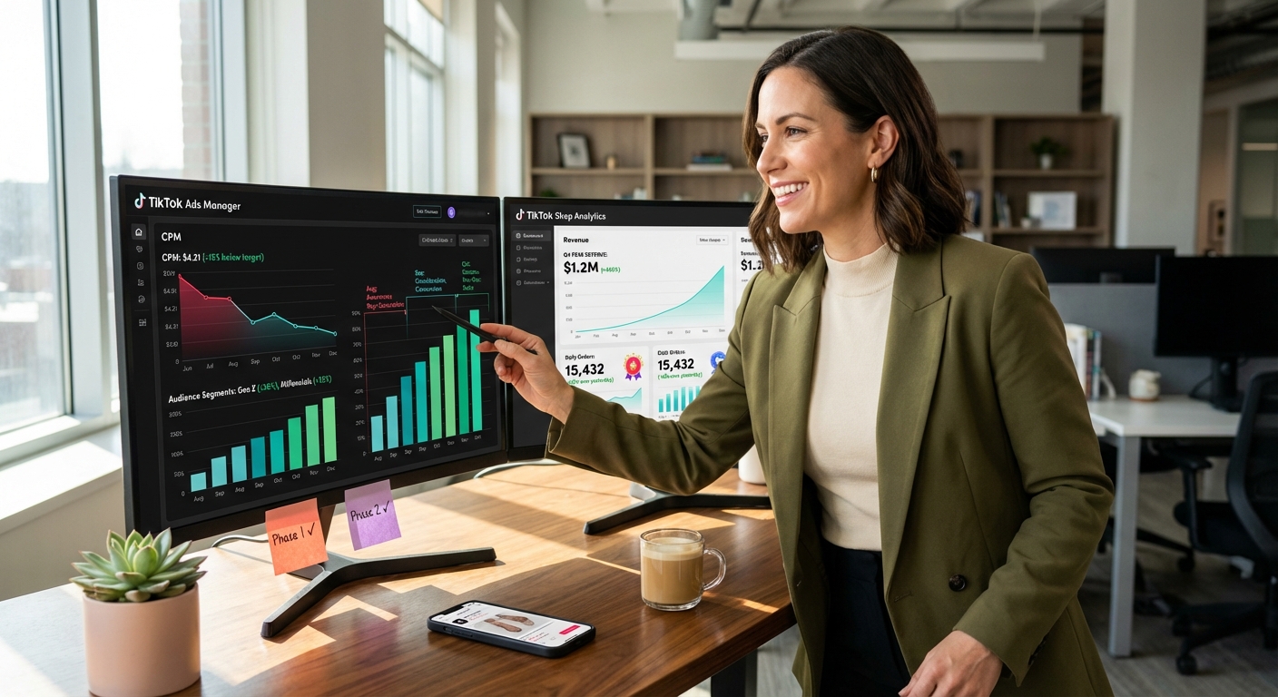Marketing manager reviewing TikTok Shop Q4 ad campaign timeline and CPM analytics on dual monitors