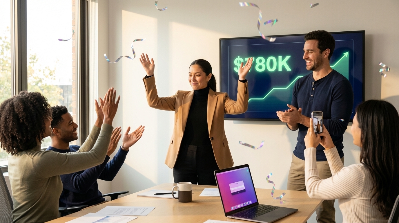 Marketing team celebrating $780K TikTok Shop BFCM revenue milestone with 6.2x ROAS on campaign dashboard