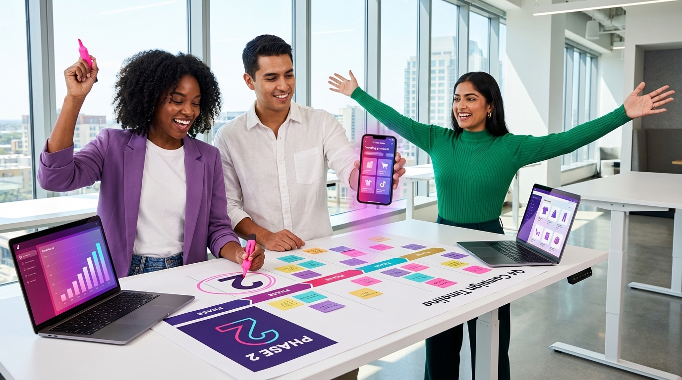 Marketing team collaborating on TikTok Shop Q4 phased campaign timeline at standing desk