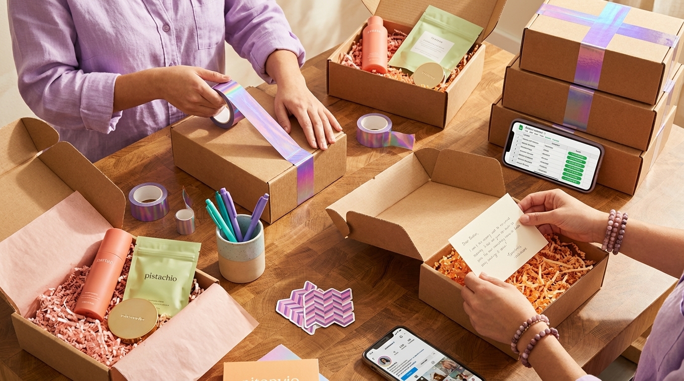 Organized product seeding packages being prepared for TikTok Shop creator affiliate partnerships