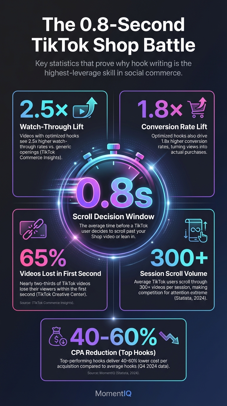 Infographic featuring TikTok Shop hook writing masterclass overview with scroll-stopping content frameworks and