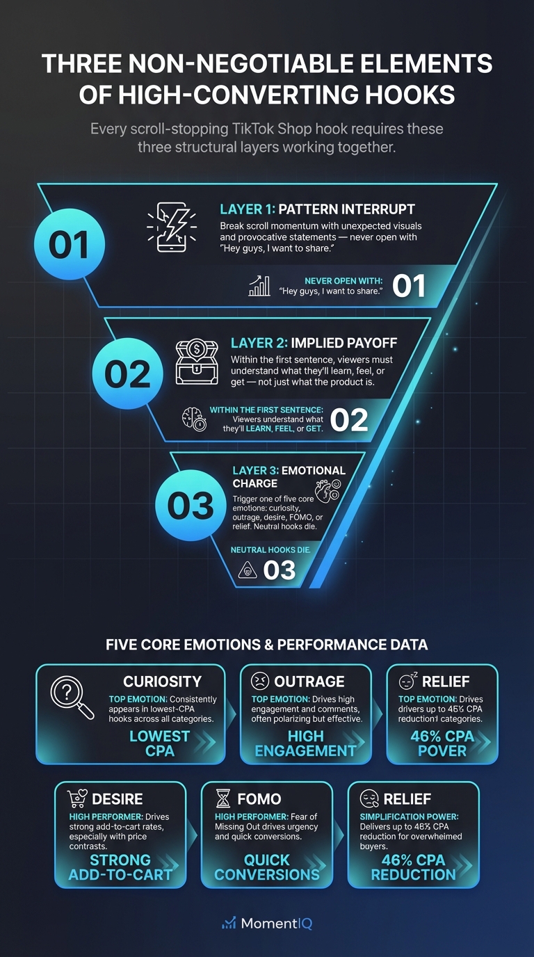 Pyramid infographic showing the three non-negotiable elements of high-converting TikTok Shop hooks: pattern interrupt,