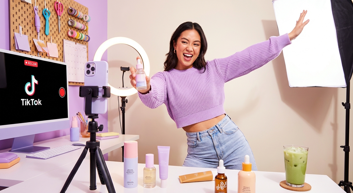 TikTok Shop creator energetically presenting skincare product during live stream with sales notifications and heart emojis on screen