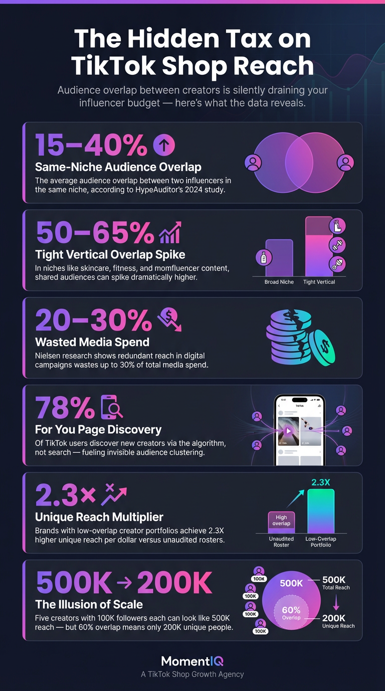 Infographic showing key TikTok Shop influencer audience overlap statistics including 15-40% average niche overlap, 50-65% in tight verticals, 20-30% wasted spend, 78% algorithmic discovery, and 2.3X unique reach improvement with optimized creator portfolios