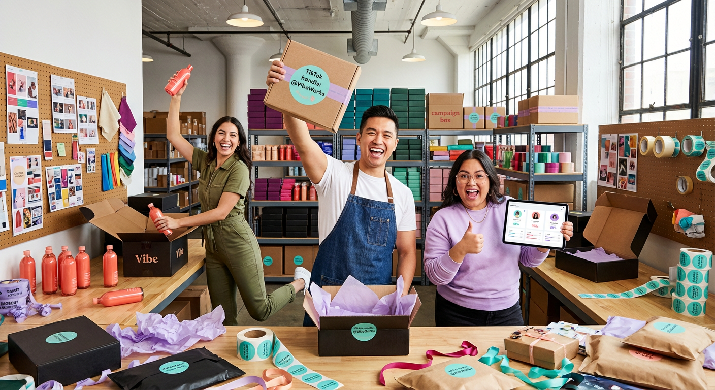 Team joyfully preparing TikTok Shop creator seeding packages in organized warehouse with diversified creator roster on tablet