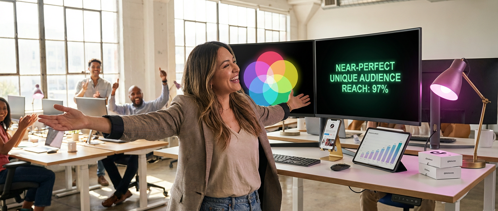 TikTok Shop brand strategist confidently reviewing creator audience overlap Venn diagram on dual monitors
