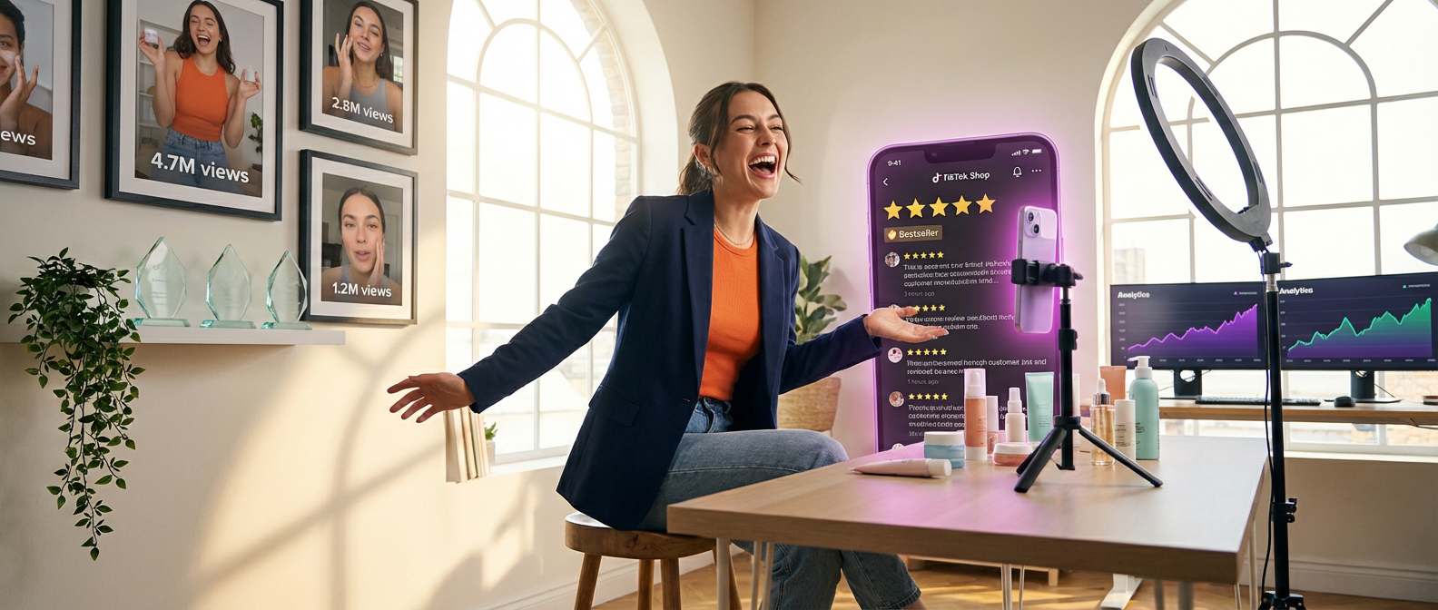 Confident top-tier TikTok Shop creator in professional studio setup surrounded by hero products and viral content achievements