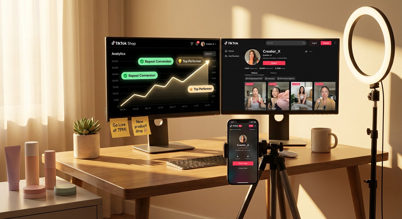 TikTok Shop creator studio setup with analytics dashboard showing strong conversion signals and live shopping equipment ready