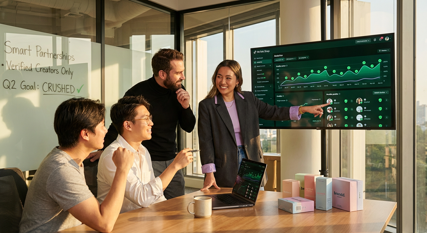 Brand team confidently reviewing verified TikTok Shop creator analytics on a large dashboard screen