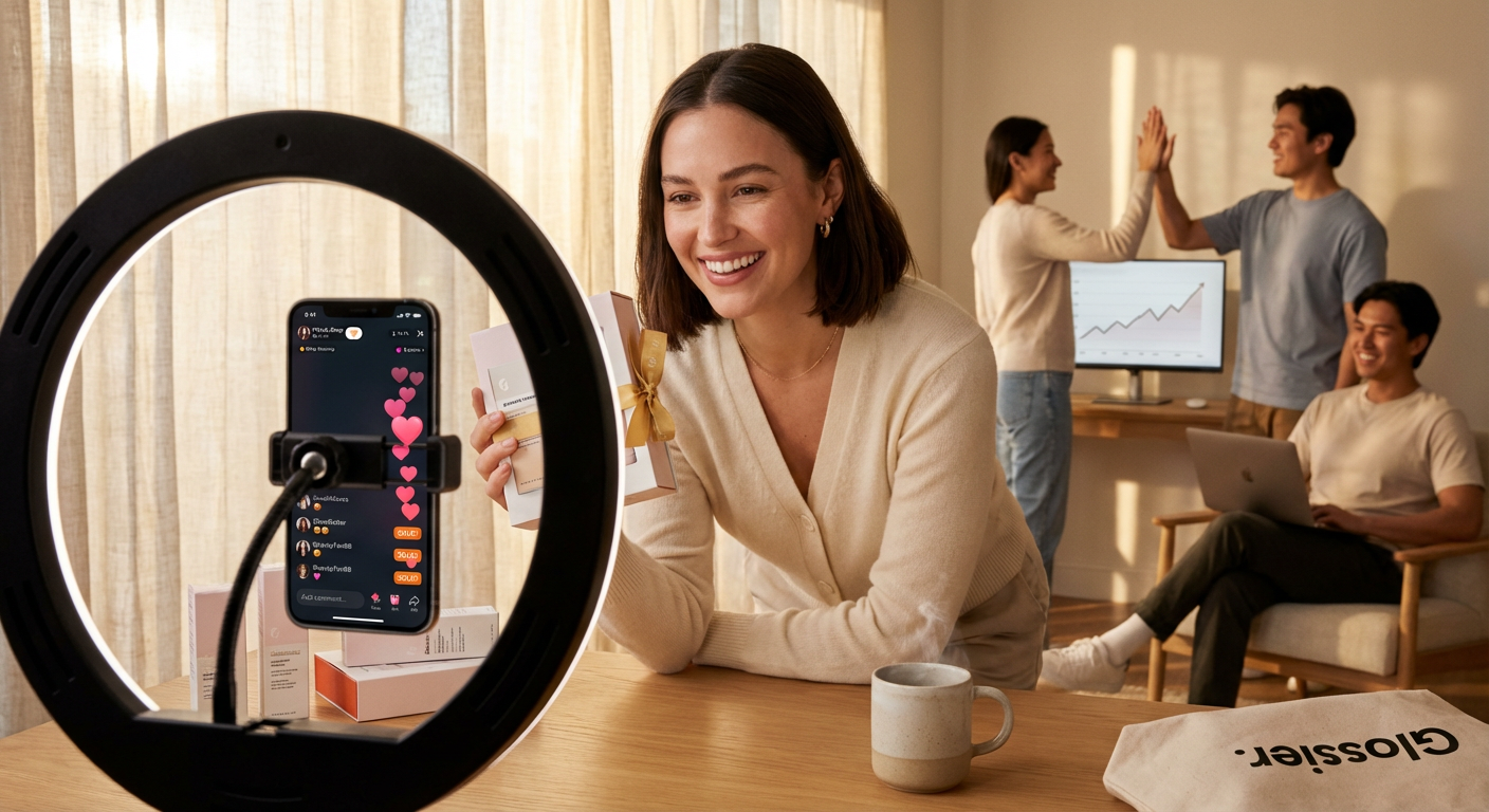Energetic TikTok Shop live stream with real engagement, SOLD notifications, and team celebrating rising sales