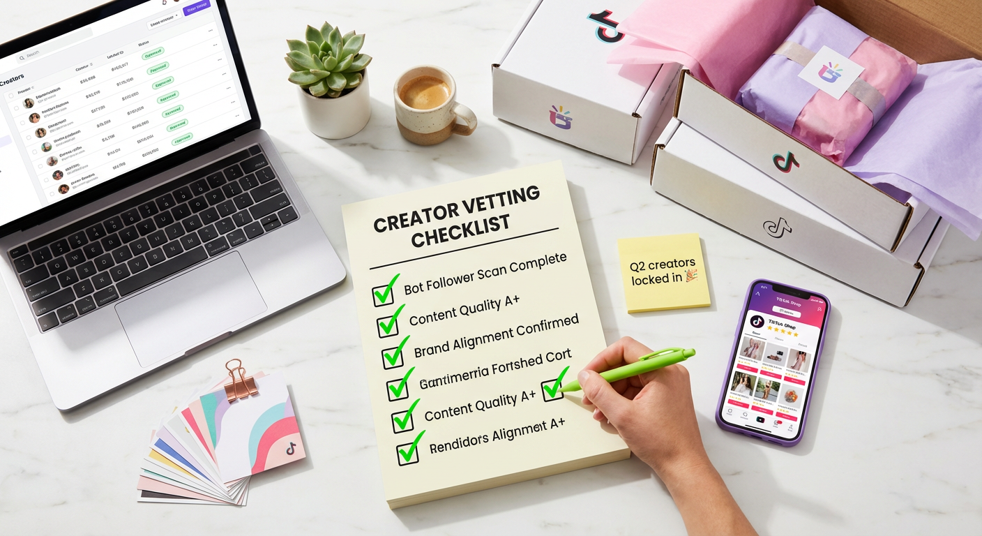 Flat lay of TikTok Shop brand vetting checklist with products and creator management tools