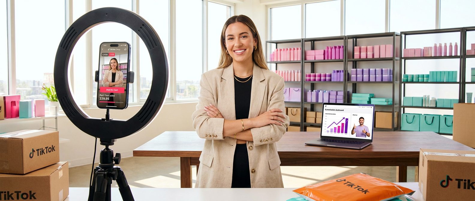 Confident TikTok Shop creator standing in professional studio setup with products and filming equipment