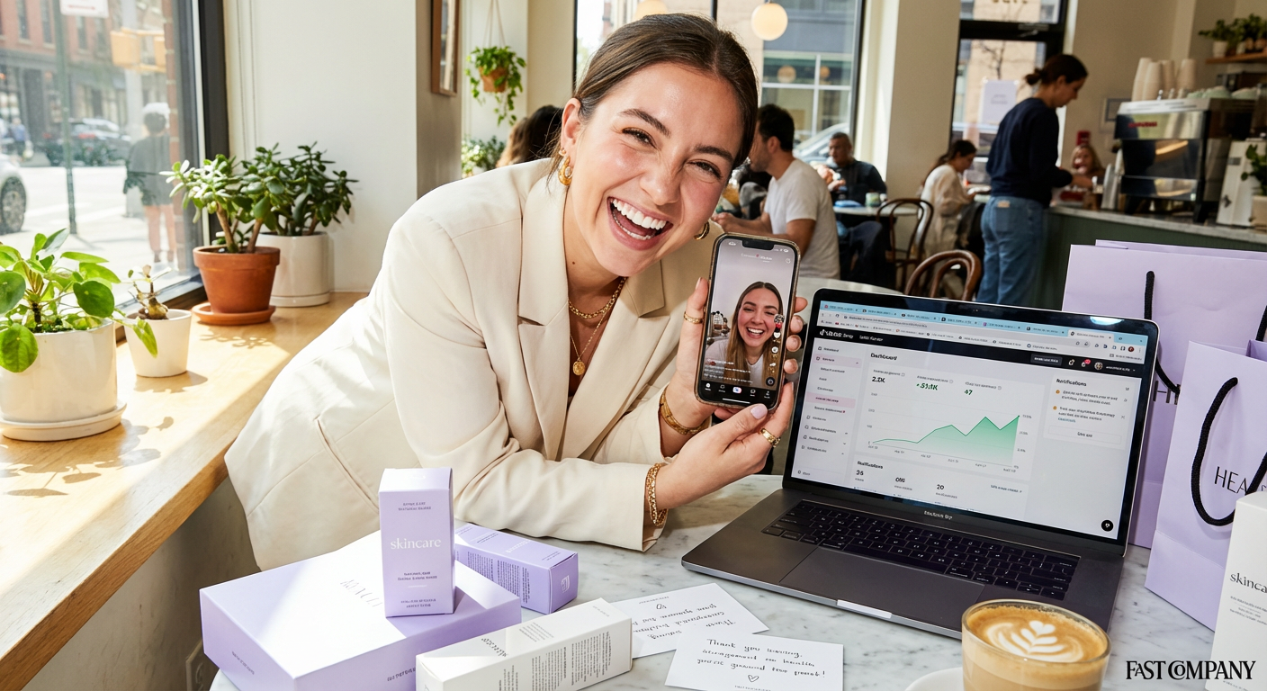 Confident TikTok Shop seller reviewing cross-platform sales dashboard and Instagram Reel feature at a bright café