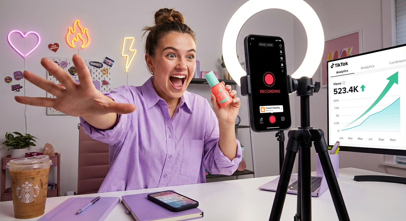Enthusiastic creator filming TikTok Shop product video with ring light while analytics show viral view count climbing