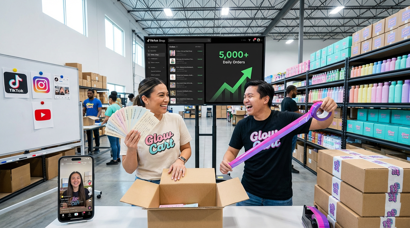 Happy fulfillment team packing TikTok Shop orders in an organized warehouse with real-time order dashboard on screen