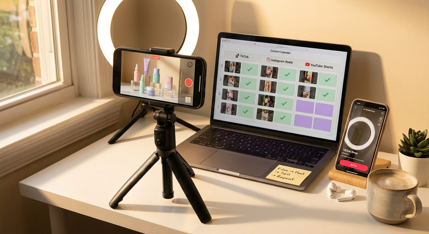 Organized creator studio setup with ring light tripod and laptop showing TikTok Shop cross-platform content calendar