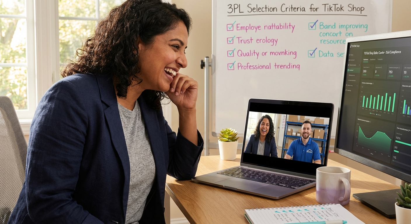 Brand operations manager on video call with 3PL partner showing perfect TikTok Shop shipping SLA compliance scores