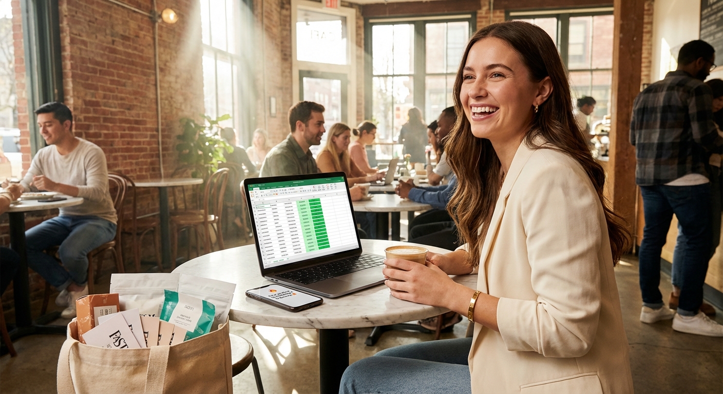 Confident brand founder reviewing TikTok Shop safety stock calculations at café with trending product notification on phone