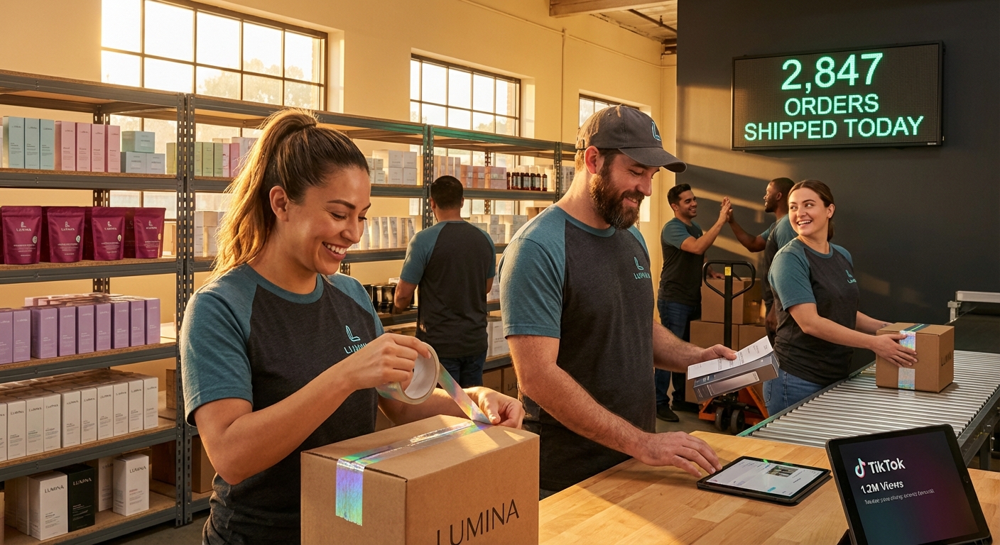 Energized fulfillment team processing thousands of TikTok Shop orders with branded packaging and digital order counter