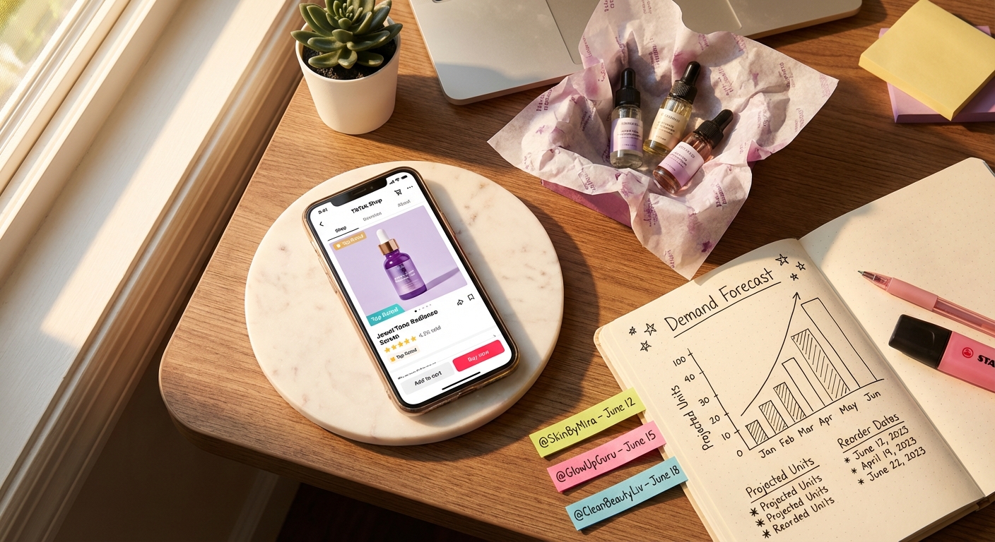 Flat lay of TikTok Shop demand forecasting tools with phone showing product listing and planning notes