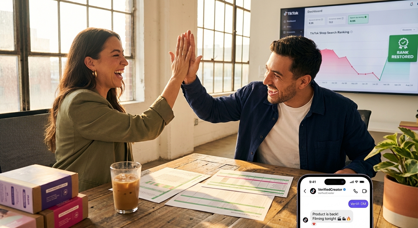 TikTok Shop co-founders high-fiving over successful product restock with search ranking climbing back to number one