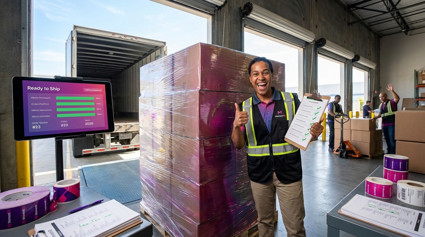Warehouse team member celebrating completed TikTok Shop order pallet ready for shipping with green fulfillment dashboard