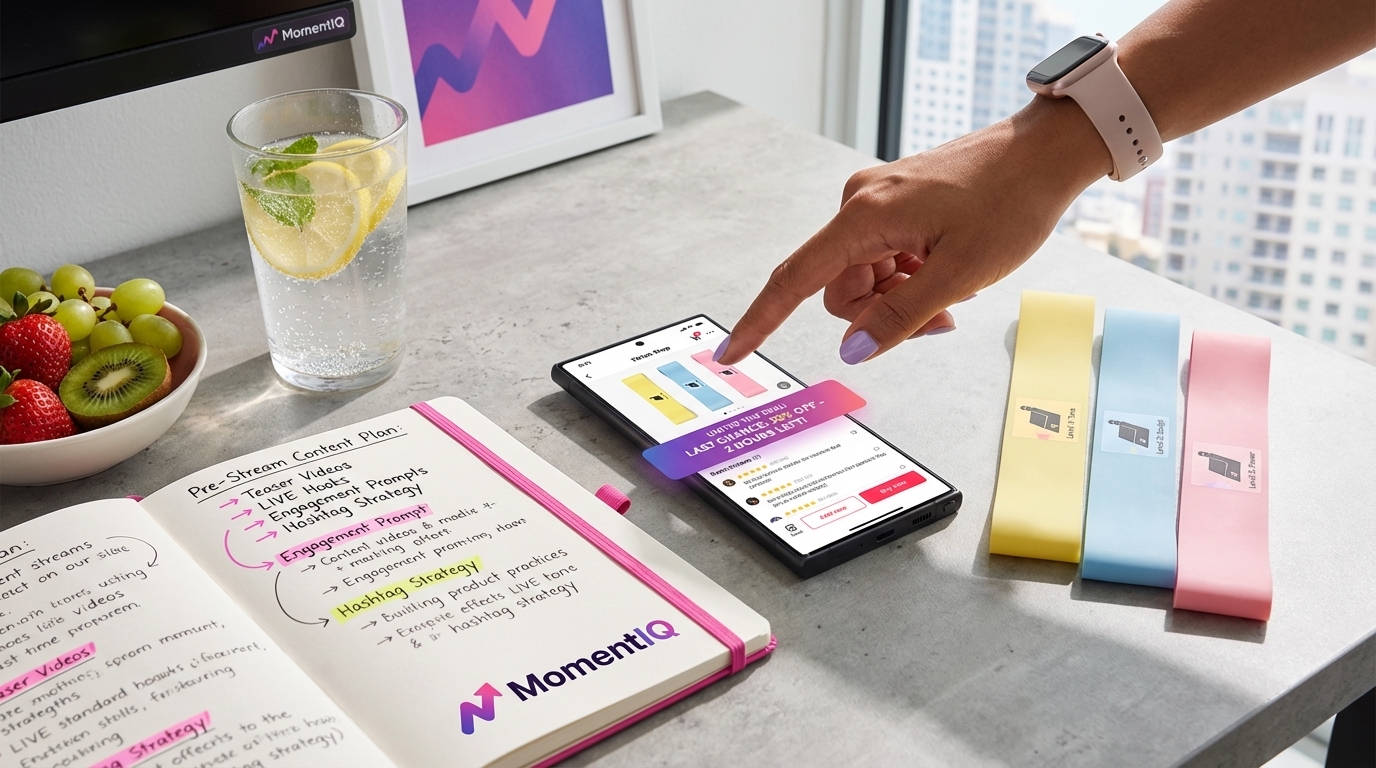 Flat lay of a 'Product Spotlight' on a desk with a TikTok Shop listing showing glowing reviews and a limited-time deal.