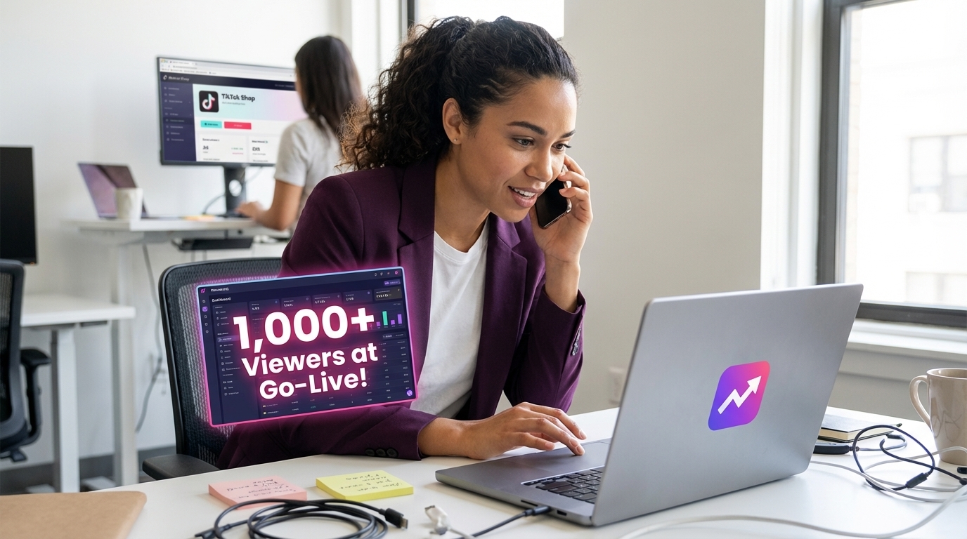 Marketing manager confidently reviewing TikTok Shop analytics dashboard showing upward trends and engagement boosts.