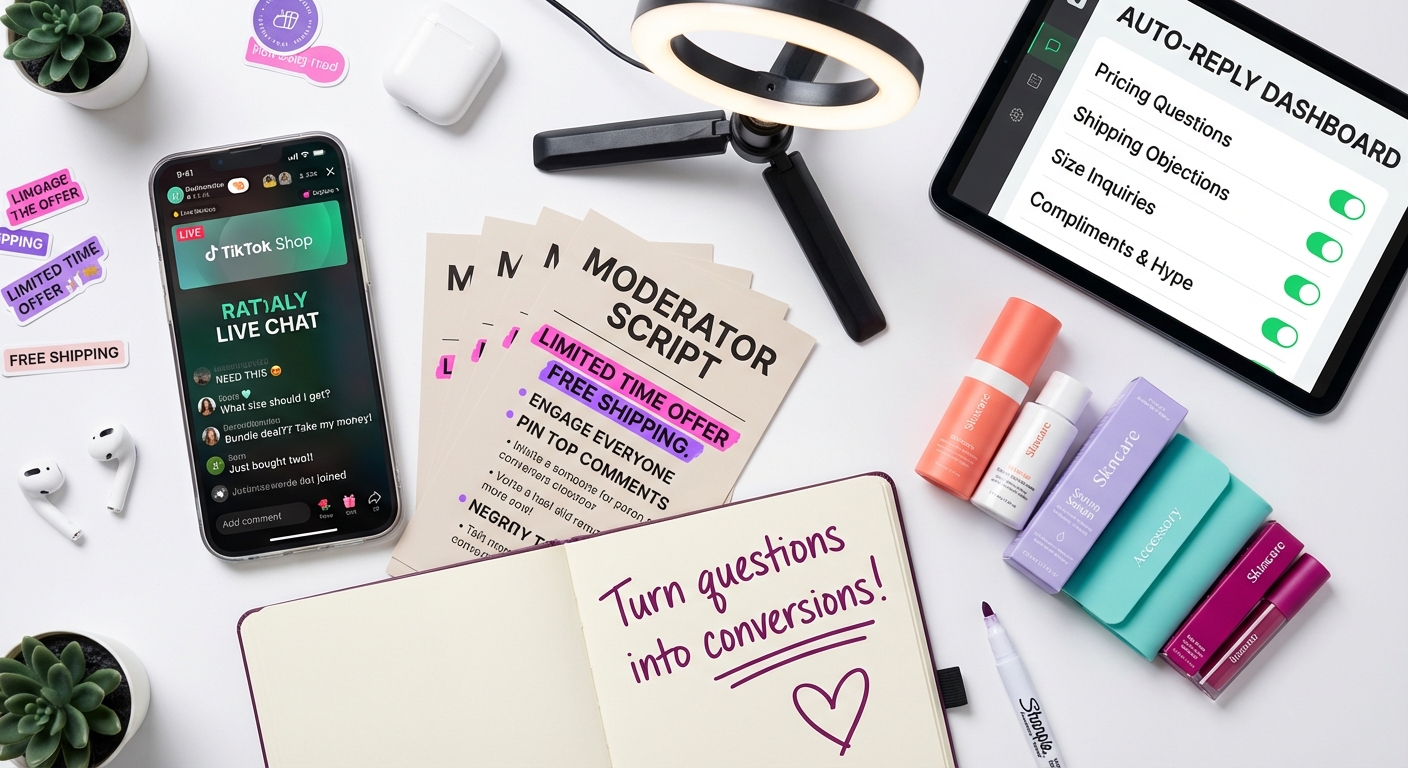 Flat lay of TikTok Shop live selling essentials including script cards, five-star product reviews on phone, and branded packaging