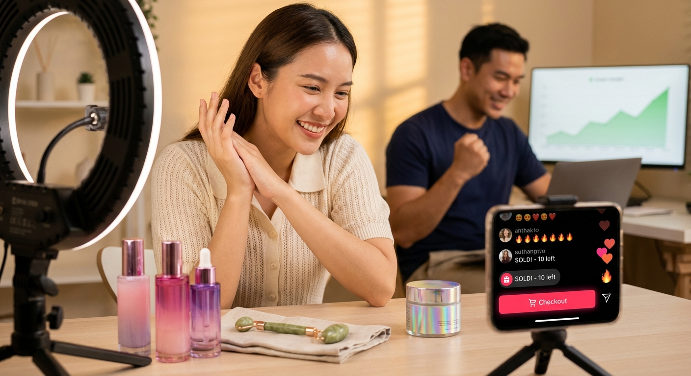 TikTok Shop live stream host celebrating $10K revenue milestone with product pin and heart emoji reactions