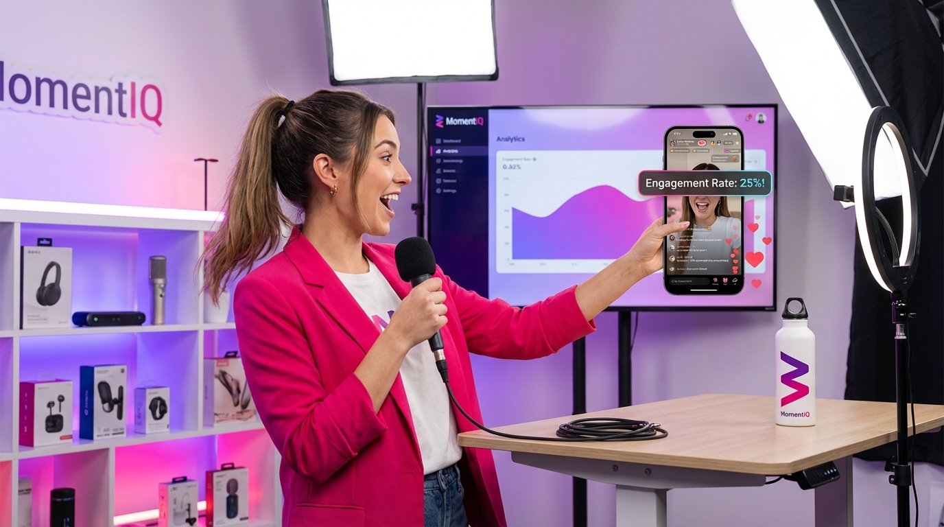 Confident TikTok Shop live host engaging a large audience in a professional studio setting.