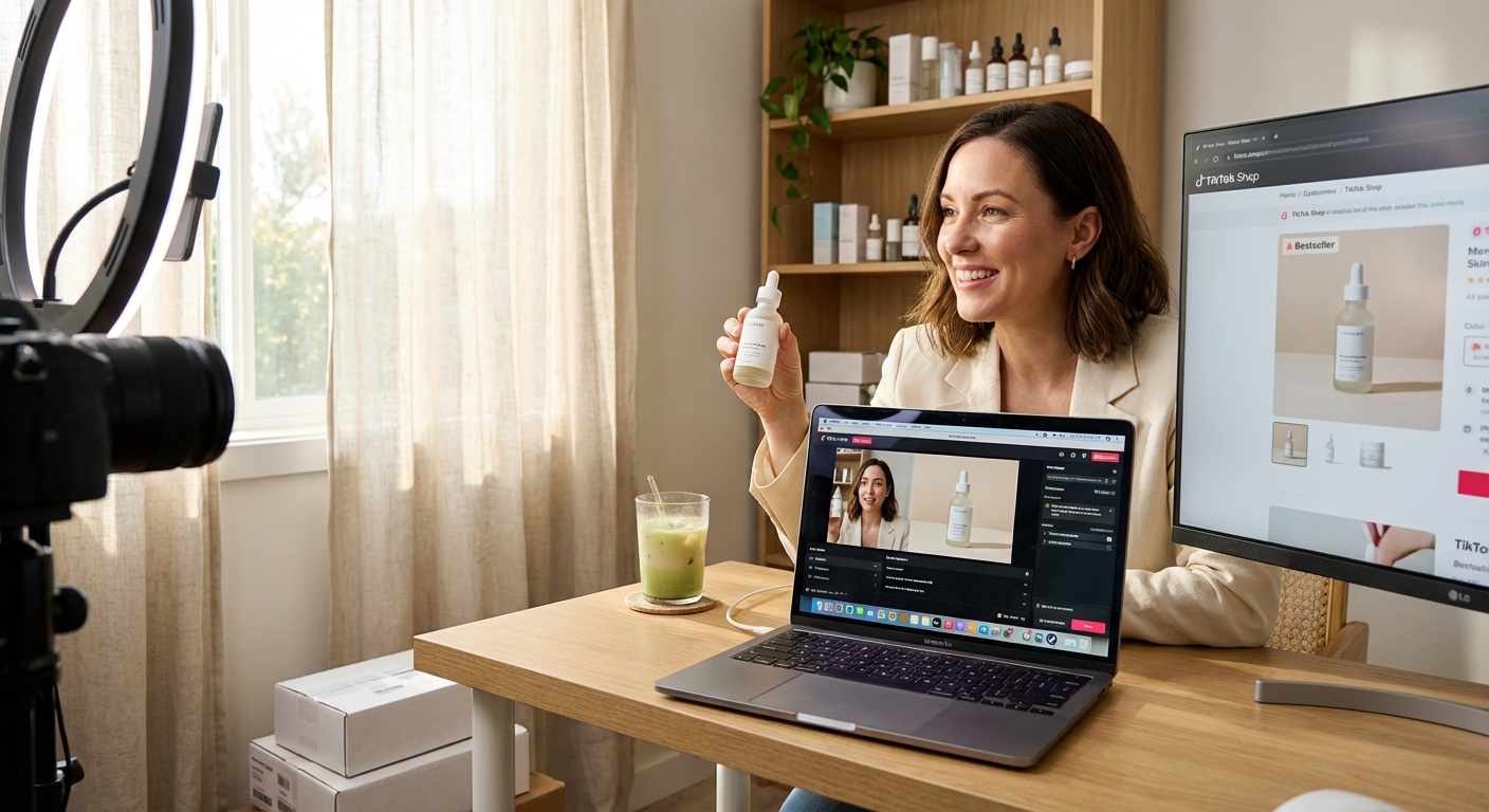 Confident TikTok Shop creator using Ecamm Live on Mac for a polished live commerce stream in a stylish home studio