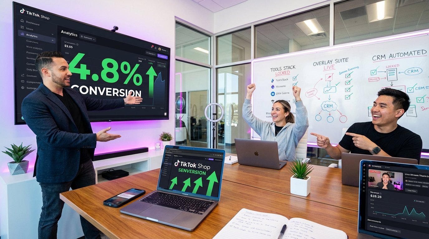 TikTok Shop brand team confidently reviewing live commerce analytics and conversion rate improvements in a strategy war room
