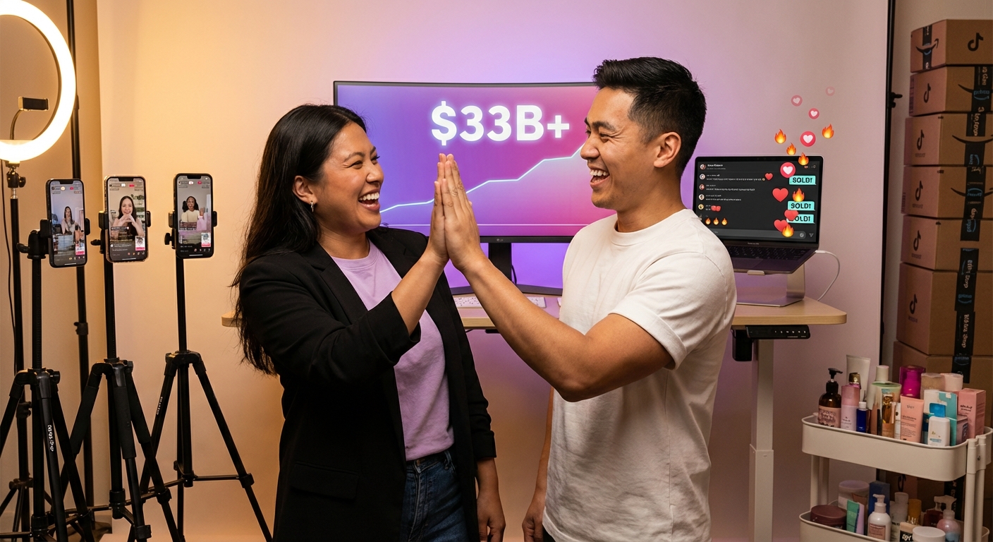 Professional TikTok Shop live commerce studio with host presenting products and screens showing rising GMV sales data