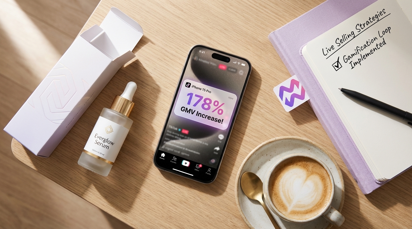 Flat lay of a phone showing a 178% TikTok Shop GMV increase notification next to a beautifully packaged product.