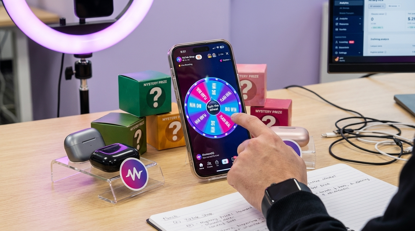 Flat lay of a phone showing a 'Spin the Wheel' gamification feature on a TikTok Shop live stream.