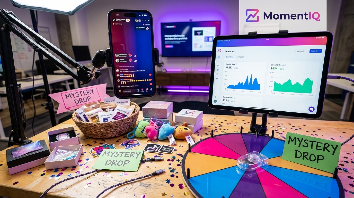 Flat lay of TikTok Shop live stream setup with phone showing active viewers, gamification props, and colorful product packaging