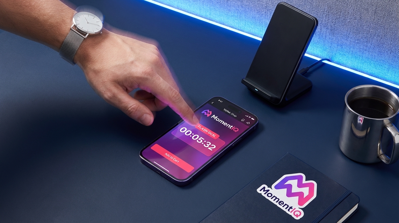 Hand adding product to cart on TikTok Shop with a 'Flash Deal Countdown' overlay, showing urgency.