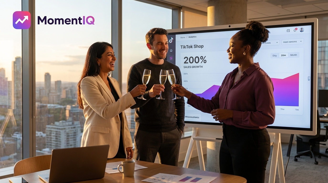 Aspirational shot of a diverse team celebrating exponential TikTok Shop sales growth against a city skyline at golden hour.
