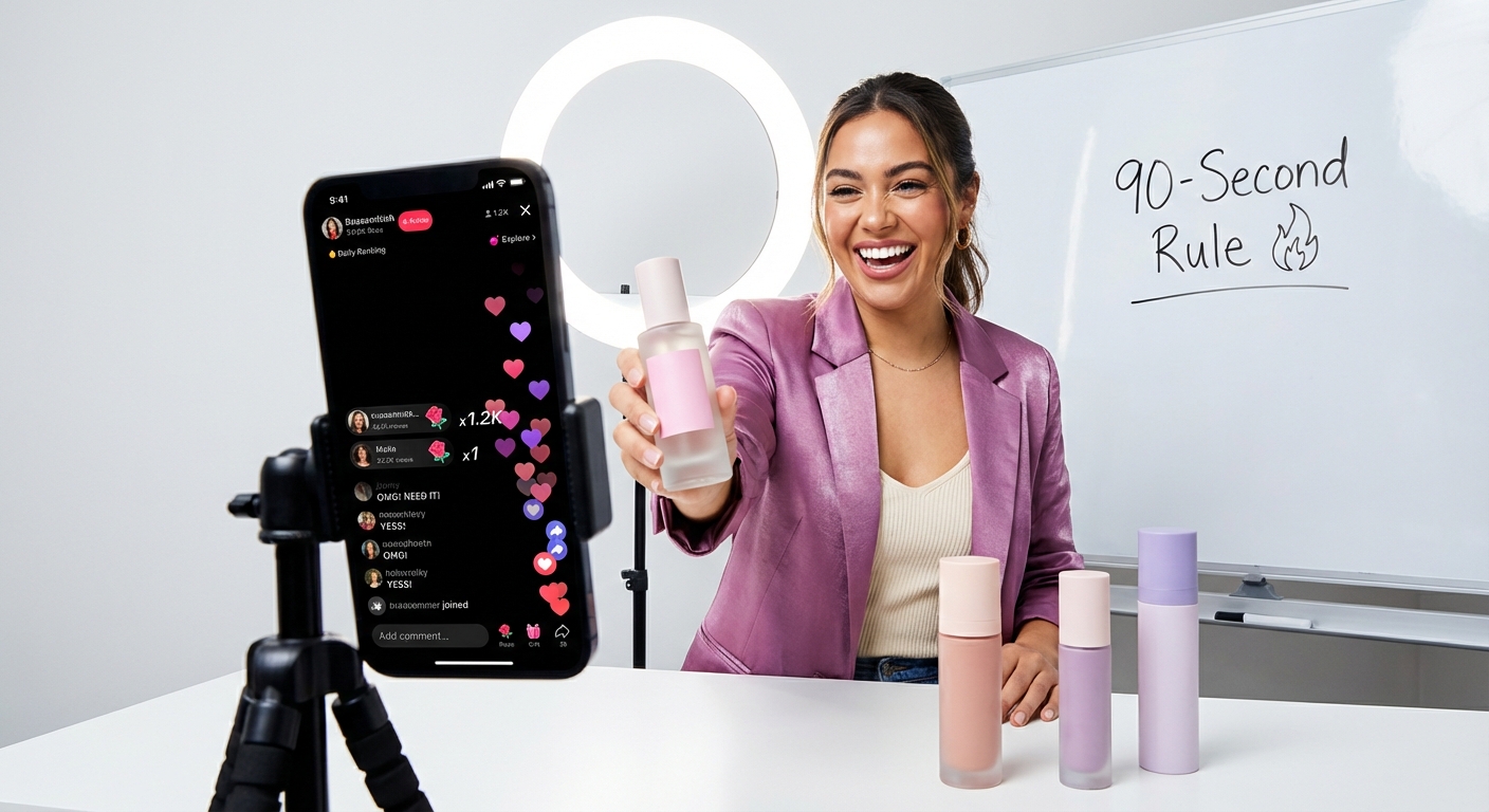 TikTok Shop creator confidently demonstrating a product during a live stream with ring light and rising viewer engagement