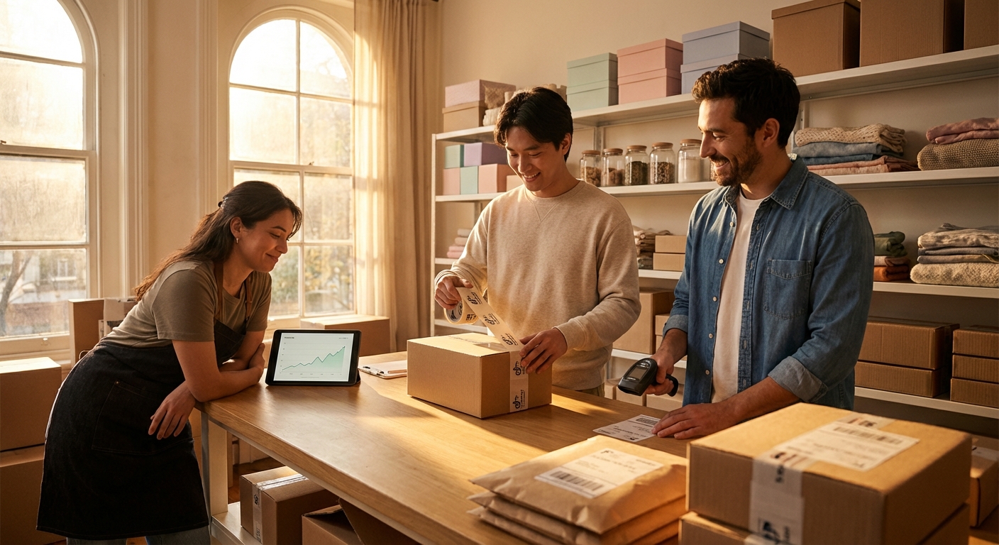 Aspirational TikTok Shop warehouse fulfillment scene with team packing branded orders and growth metrics on tablet