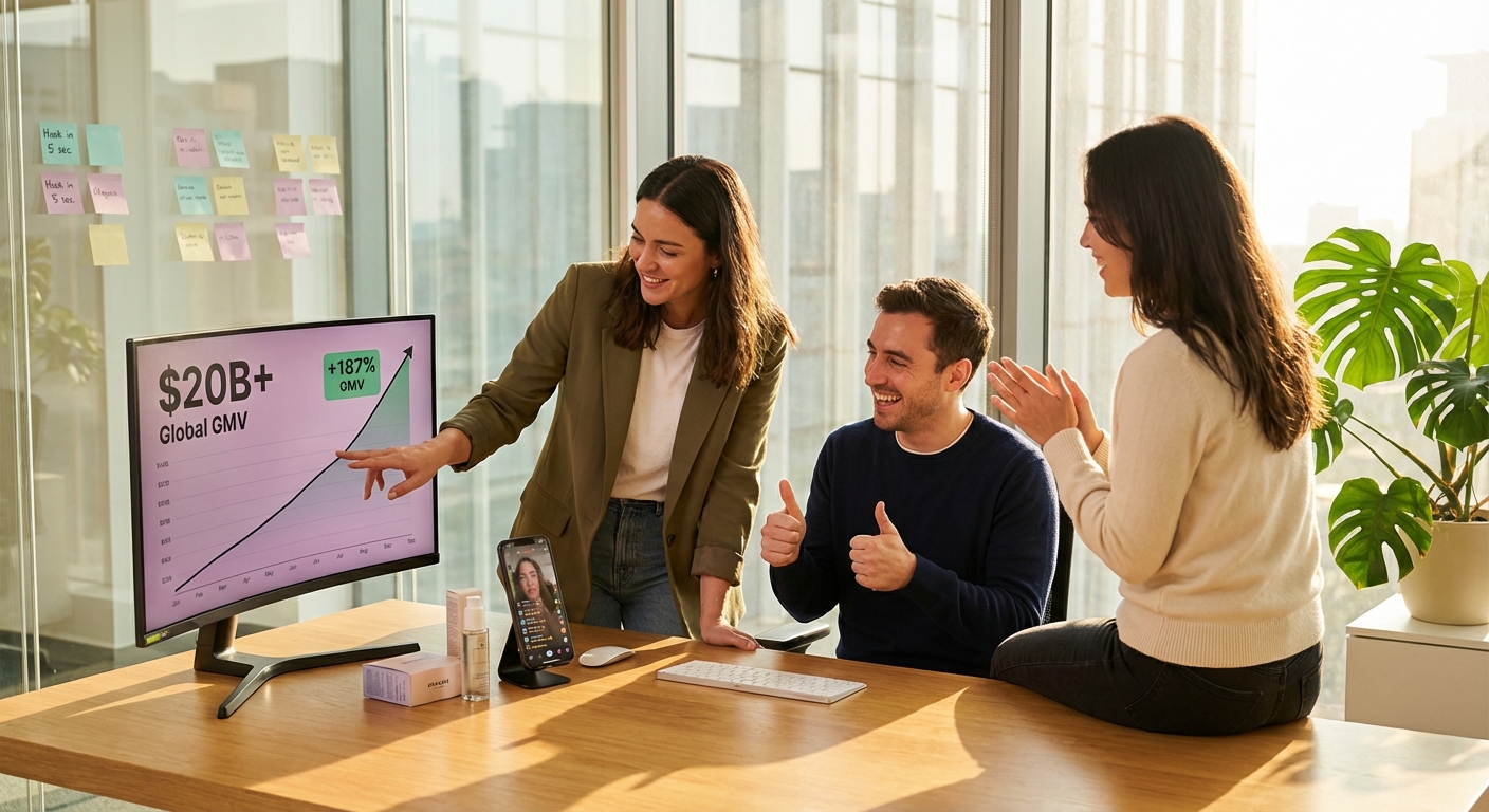 Brand team celebrating TikTok Shop growth metrics on analytics dashboard showing rising GMV and product shopping ad performance