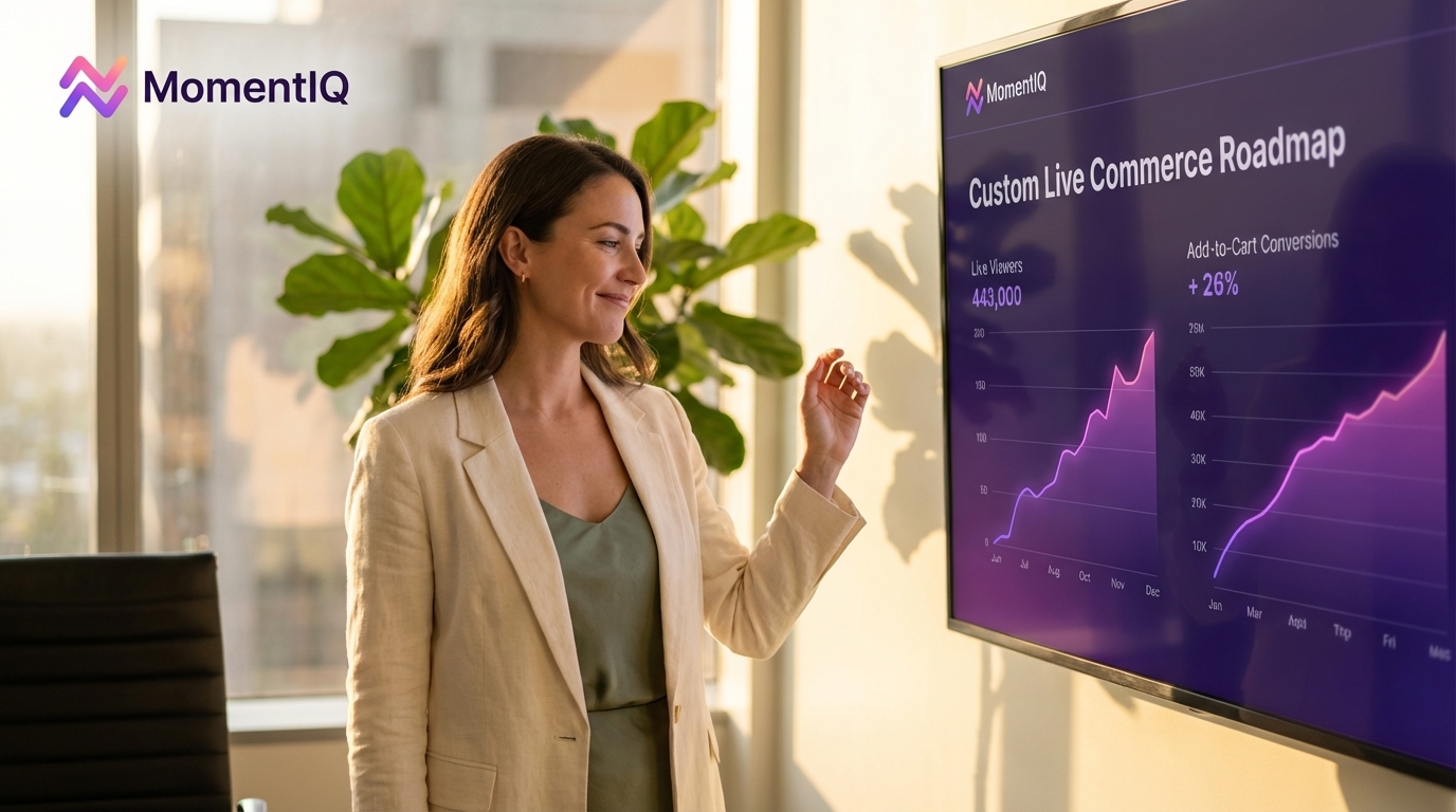 Confident CEO reviewing a MomentIQ custom live commerce roadmap, focusing on strategic growth and analytics.