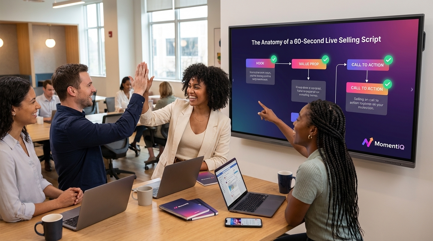 Diverse team celebrating a successful TikTok Shop growth milestone, reviewing a live selling playbook on a large interactive screen, showing a 60-second script framework.