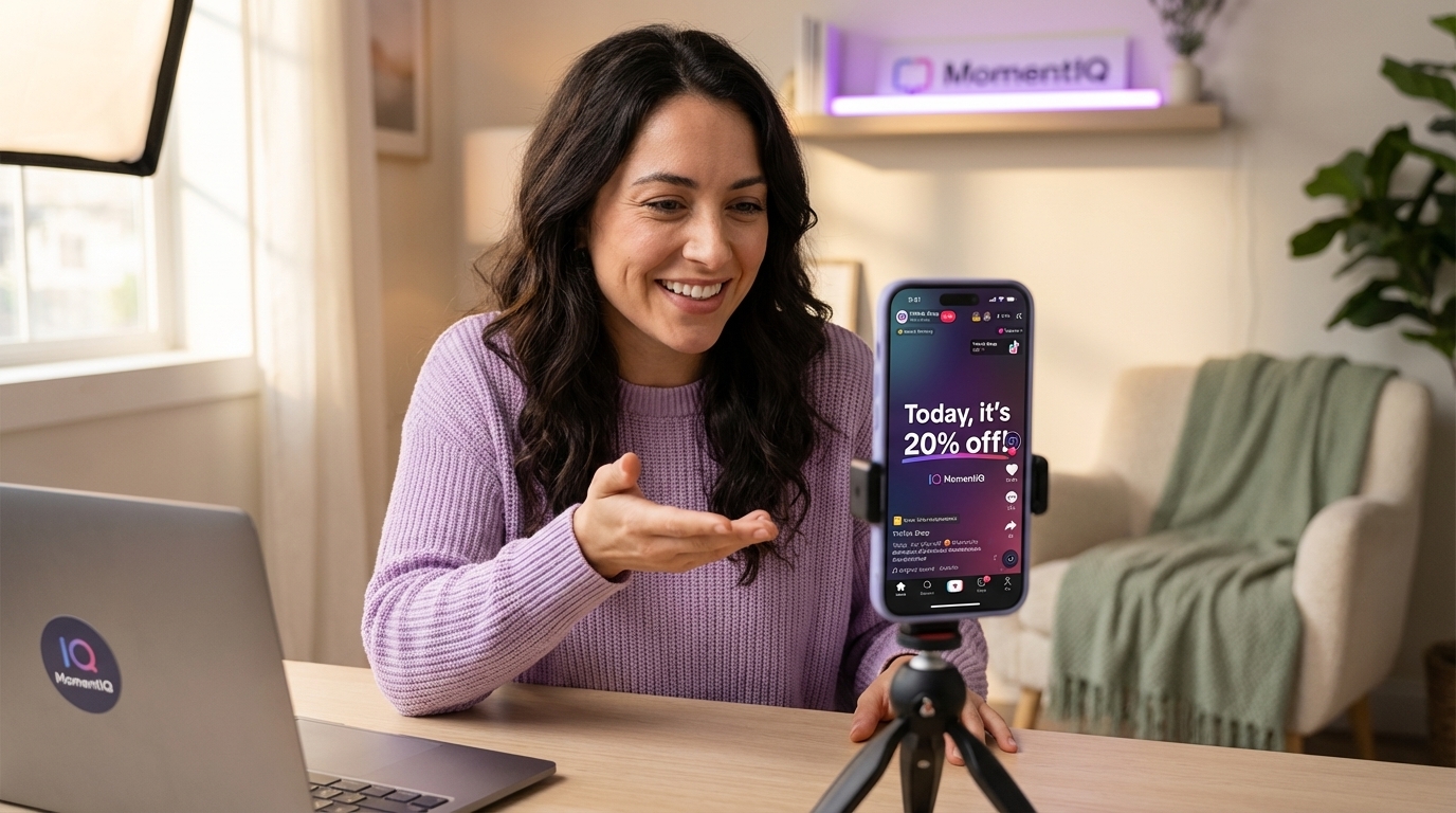 Stylish TikTok Shop host confidently preparing for a live stream, reviewing notes and product placements on a table.