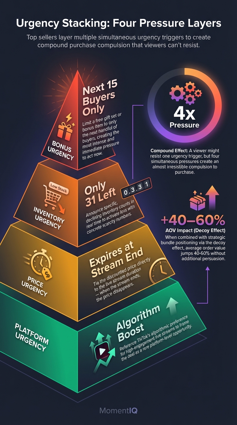 Pyramid infographic illustrating the four-layer urgency stacking technique used by top TikTok Shop live sellers from platform urgency at the base to exclusive bonus urgency at the peak